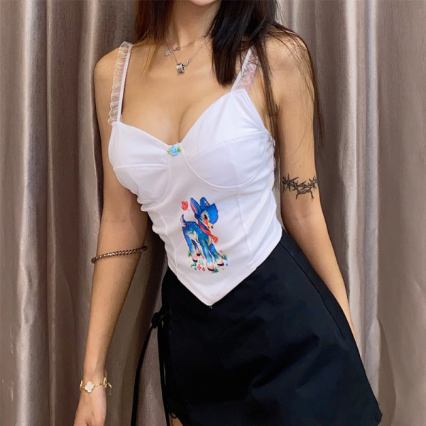 Pet print suspenders women's body fitting stitching crop top