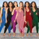 Women's Solid Mesh Sleeveless Halter Open Back Jumpsuit