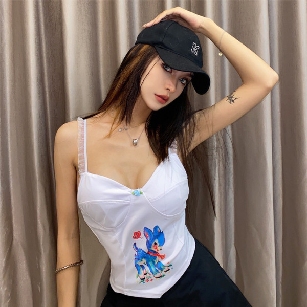 Pet print suspenders women's body fitting stitching crop top