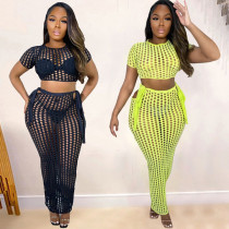 Grid Sexy Cutout T-Shirt One-Step Skirt Two-Piece Set Grid Sexy Cutout T-Shirt One-Step Skirt Two-Piece Set