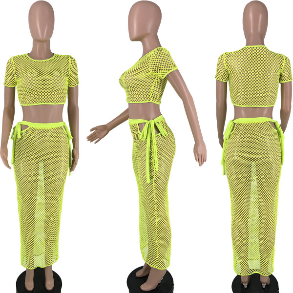 Grid Sexy Cutout T-Shirt One-Step Skirt Two-Piece Set