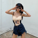 Pet print suspenders women's body fitting stitching crop top