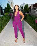 Women's Solid Mesh Sleeveless Halter Open Back Jumpsuit