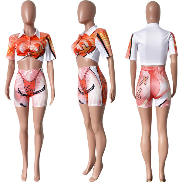 Fashion Casual Print Set Short Sleeve Shorts Two Piece Set
