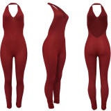 Women's Solid Mesh Sleeveless Halter Open Back Jumpsuit