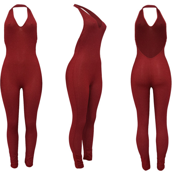 Women's Solid Mesh Sleeveless Halter Open Back Jumpsuit