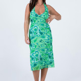 Heart Print Tie Pullover Halter High Waist Hip Dress