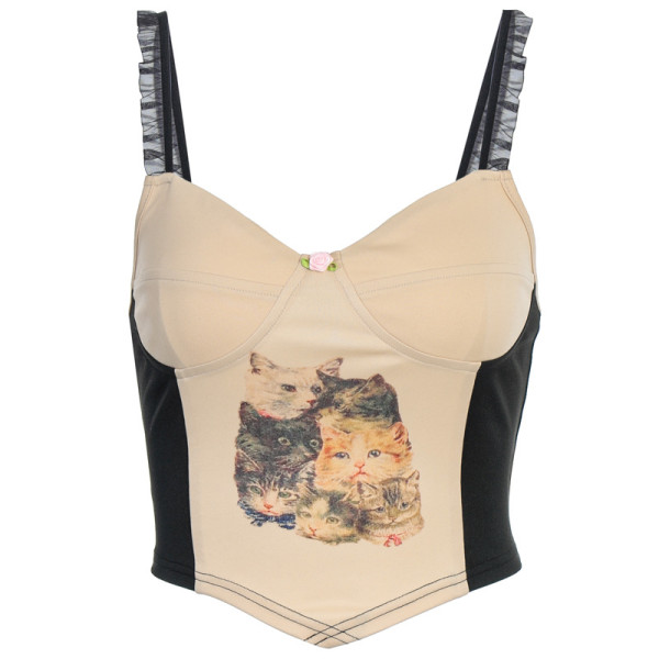 Pet print suspenders women's body fitting stitching crop top