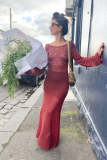 Sexy backless knitted long skirt hollow perspective fishnet long-sleeved seaside sun protection dress
