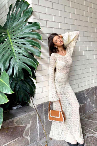 Sexy backless knitted long skirt hollow perspective fishnet long-sleeved seaside sun protection dress