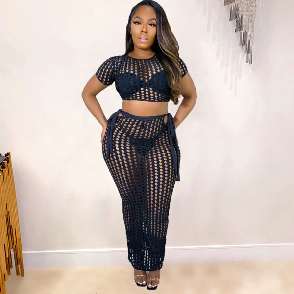 Grid Sexy Cutout T-Shirt One-Step Skirt Two-Piece Set