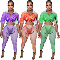 Printed temperament commuter sweet short-sleeved fashion two-piece suit Printed temperament commuter sweet short-sleeved fashion two-piece suit