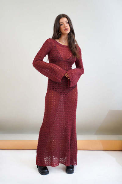 Sexy backless knitted long skirt hollow perspective fishnet long-sleeved seaside sun protection dress