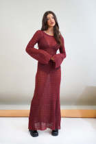 Sexy backless knitted long skirt hollow perspective fishnet long-sleeved seaside sun protection dress Sexy backless knitted long skirt hollow perspective fishnet long-sleeved seaside sun protection dress
