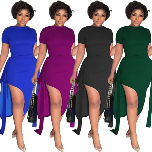 Fashion One-Line Neck Short-Sleeve Top Two-Piece Mid Skirt Set