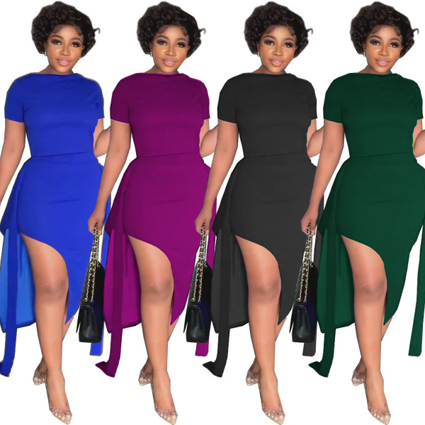 Fashion One-Line Neck Short-Sleeve Top Two-Piece Mid Skirt Set