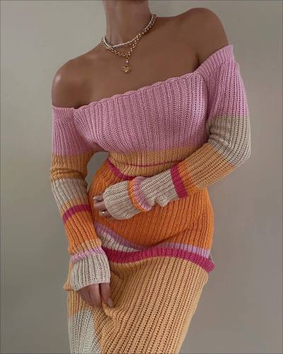 Off-the-shoulder cut-out beach long-sleeve knitted striped dress