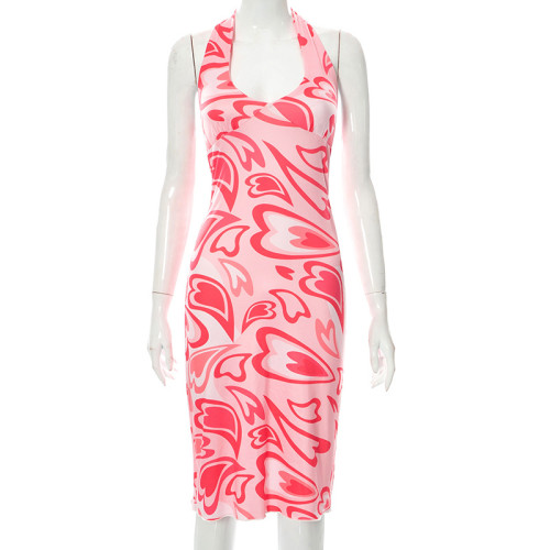 Heart Print Tie Pullover Halter High Waist Hip Dress