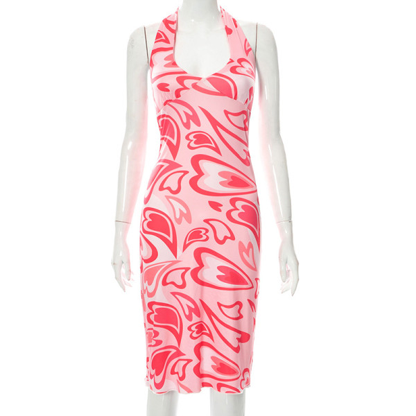 Heart Print Tie Pullover Halter High Waist Hip Dress