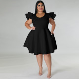 Plus Size Women's Solid Color Ruffle Dress Midi Skirt 2 Real Pockets