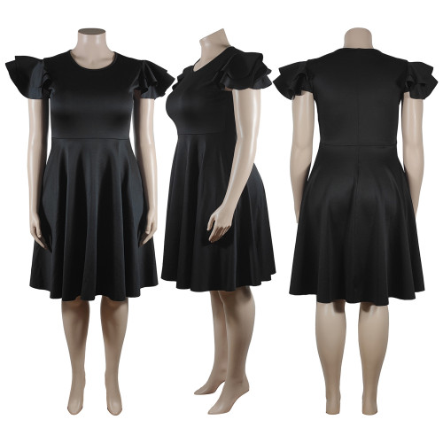 Plus Size Women's Solid Color Ruffle Dress Midi Skirt 2 Real Pockets