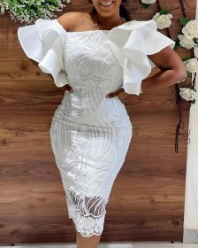 Pullover midi skirt temperament commuter high waist lace slit solid color one word collar white dress