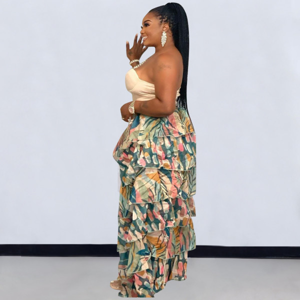 Fashion Print Wavy Ruffle Skirt