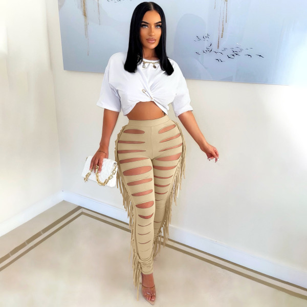 Fashion sexy solid color burnt tassel pants