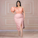 One-shoulder open-back puff-sleeve paneled pleated high-waisted slit one-step dress