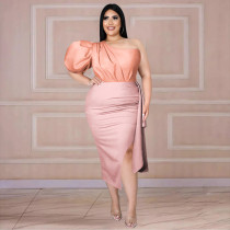 One-shoulder open-back puff-sleeve paneled pleated high-waisted slit one-step dress