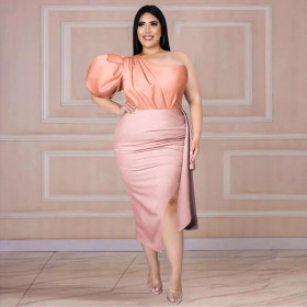 One-shoulder open-back puff-sleeve paneled pleated high-waisted slit one-step dress