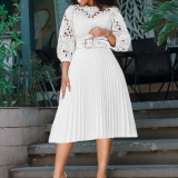 Large size women's lace hollow stitching pleated sexy elegant waist dress