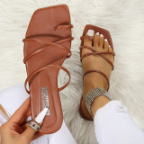 Ladies Sandals Square Toe Thin Strap Flat Slippers