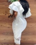 Pullover midi skirt temperament commuter high waist lace slit solid color one word collar white dress