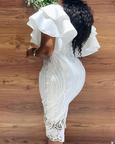 Pullover midi skirt temperament commuter high waist lace slit solid color one word collar white dress