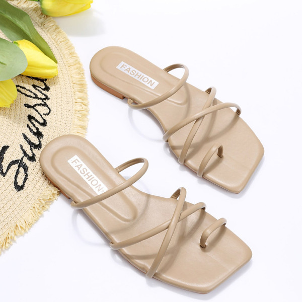 Ladies Sandals Square Toe Thin Strap Flat Slippers