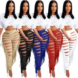 Fashion sexy solid color burnt tassel pants