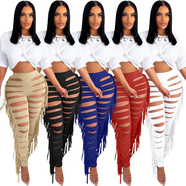 Fashion sexy solid color burnt tassel pants