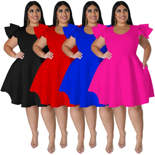 Plus Size Women's Solid Color Ruffle Dress Midi Skirt 2 Real Pockets