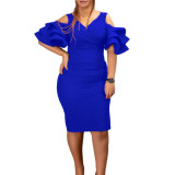 Solid color V-neck off-the-shoulder flared sleeves hip dress
