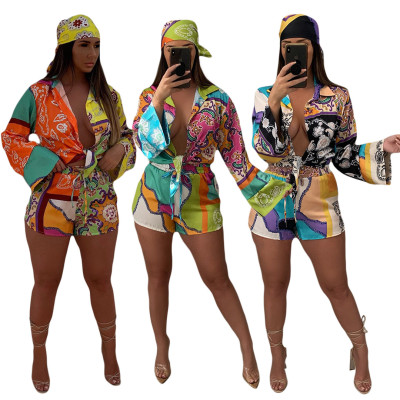 Fashion printed women's long-sleeved small suit shorts suit comfortable autumn suit YY5301