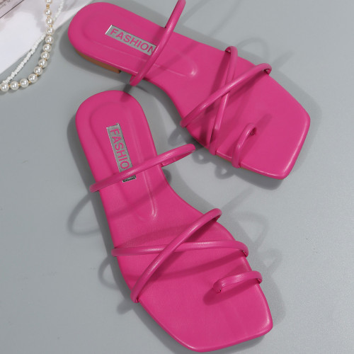 Ladies Sandals Square Toe Thin Strap Flat Slippers