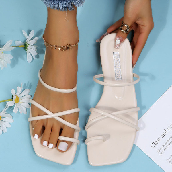 Ladies Sandals Square Toe Thin Strap Flat Slippers