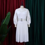 Large size women's lace hollow stitching pleated sexy elegant waist dress