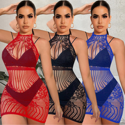 Sexy Sling Mesh Clothes Tight Hollow Hip Pack 3 Colors Dress