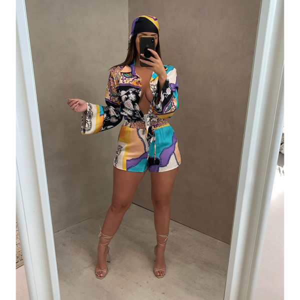 Fashion printed women's long-sleeved small suit shorts suit comfortable autumn suit YY5301