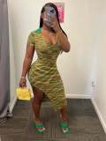 Striped Slit Knit Sweater V-Neck Color Matching Dress Women's