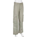 Utility multi-pocket low-rise zipper slit denim slacks