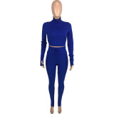 Fashion casual solid color v-neck zipper straps slim long-sleeved trousers sports two-piece set