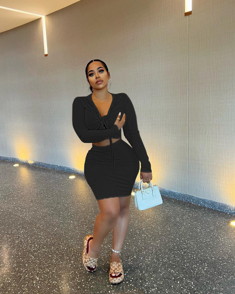 Lapel Tie Cardigan Skirt Sexy Two Piece Set